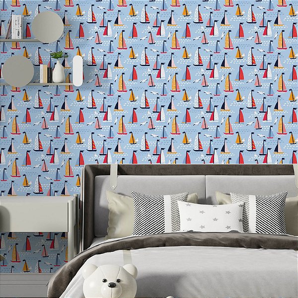 Papel de Parede Adesivo Vinil Barquinhos Colorido Fundo Azul Quarto Infantil Menino