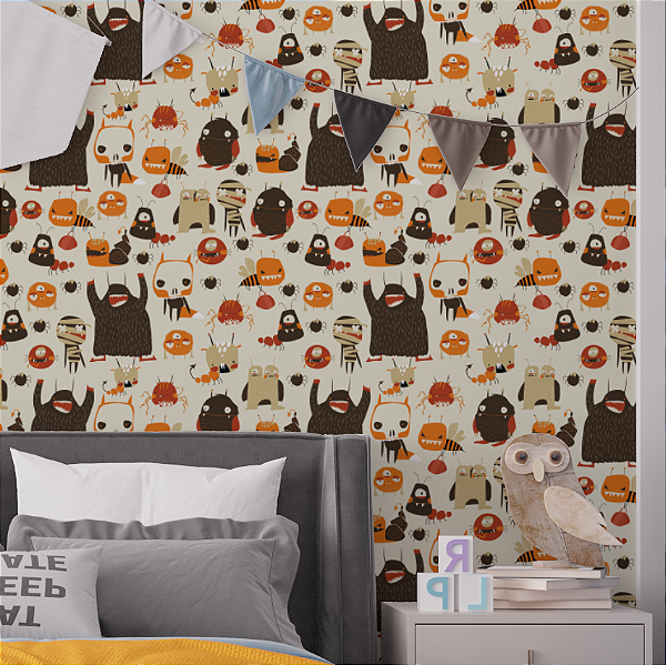 Papel de Parede Adesivo Vinil Monstros Halloween Fofo Quarto Infantil