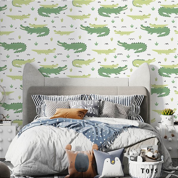 Papel de Parede Adesivo Vinil Sala Jacarés Verde Mãe Filho Fofo Animal Quarto Infantil