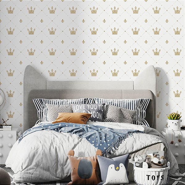 Papel de Parede Adesivo Vinil Coroas Princesa Nude Dourado Provençal Quarto Infantil