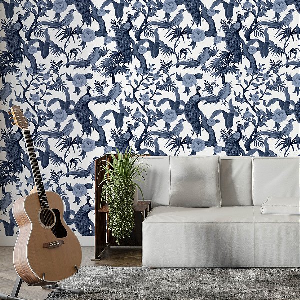 Papel de Parede Adesivo Vinil Pavões Azul Floral Flor Ave Vintage Sala Quarto
