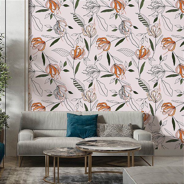 Papel de Parede Adesivo Vinil Abstrato Laranja Flores Bolinhas Sala Quarto Cozinha