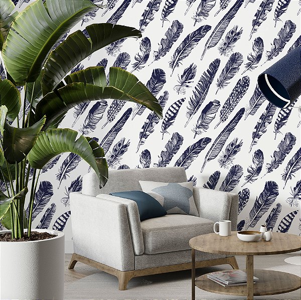 Papel de Parede Adesivo Vinil Abstrato Penas Aves Azul Branco Vintage Sala Quarto