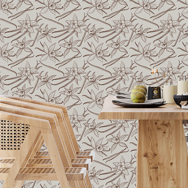 Papel de Parede Adesivo Vinil Flor De Baunilha Bege Marrom Vintage Floral Cozinha Sala Quarto