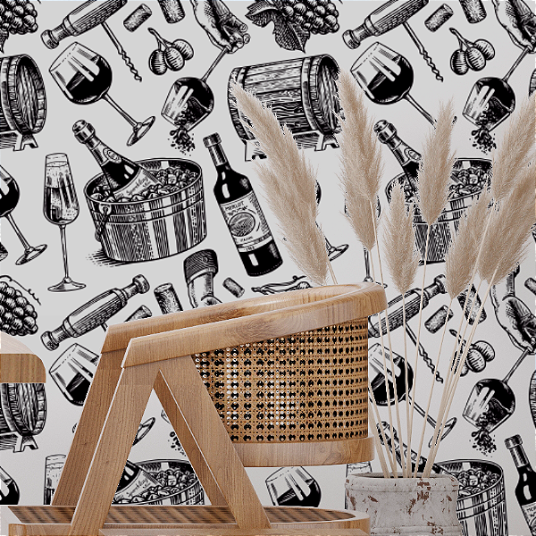 Papel de Parede Adesivo Vinil Vinhos Taças Bebidas Barril Uvas Rolha Cozinha Varanda Gourmet
