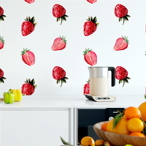 Papel de Parede Adesivo Vinil Morangos Pintura Aquarela VIntage Cozinha Varanda Gourmet