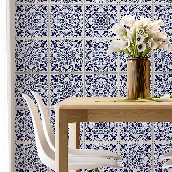 Papel de Parede Adesivo Vinil Azulejo Azul Ladrilho Provençal Vintage Lavabo Cozinha