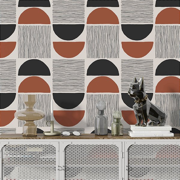Papel de Parede Adesivo Vinil Abstrato Linhas Moderno Geométrico Boho Marrom Sala Cozinha Quarto