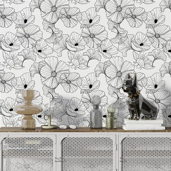 Papel de Parede Adesivo Vinil Floral Linha Flor Abstrato Moderno Sketch Quarto Sala