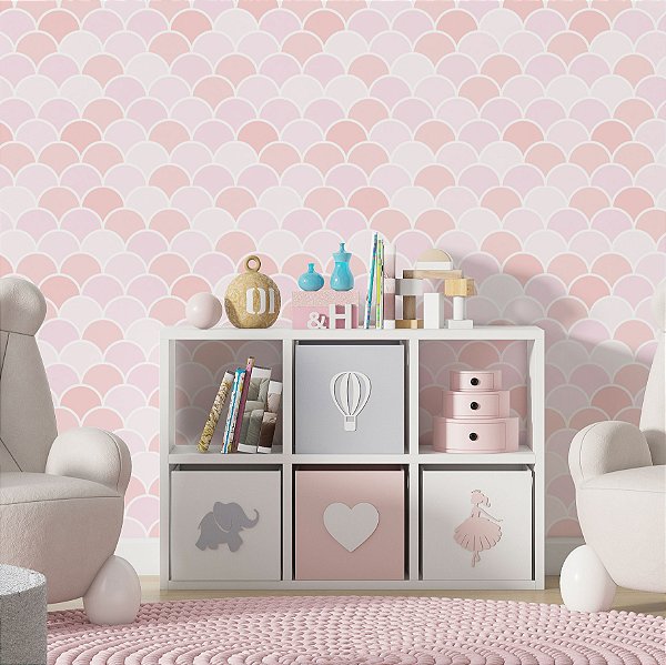 Papel de Parede Adesivo Vinil Ondas Sereias Escama Rosa Tom Pastel Quarto Infantil Menina