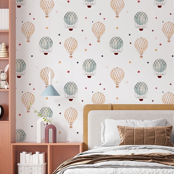 Papel de Parede Adesivo Vinil Balão Azul Rosa Estrela Aquarela Quarto Infantil Menina