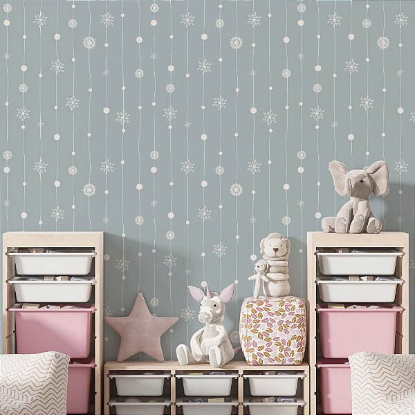 Papel de Parede Adesivo Vinil Linhas Floral Cinza Acinzentado Bebê Floco de Neve Quarto Infantil