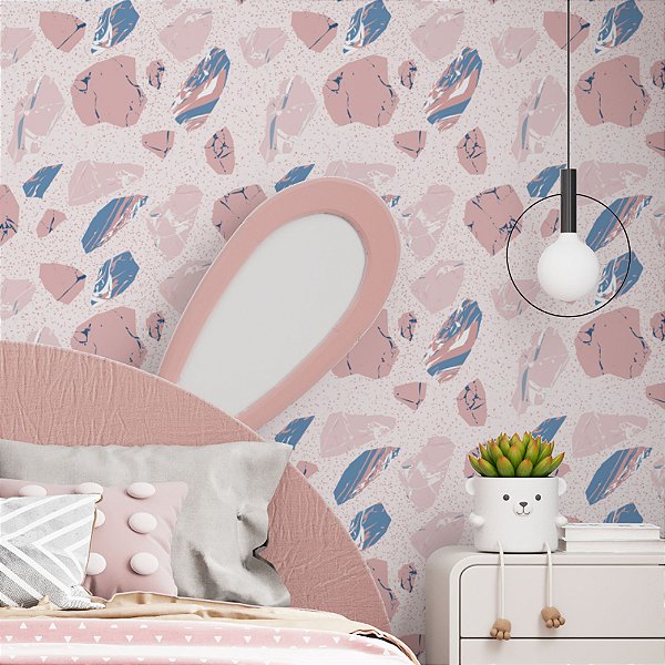Papel de Parede Adesivo Vinil Tie Dye Tinta Rosa Azul Pedras Místico Quarto Menina