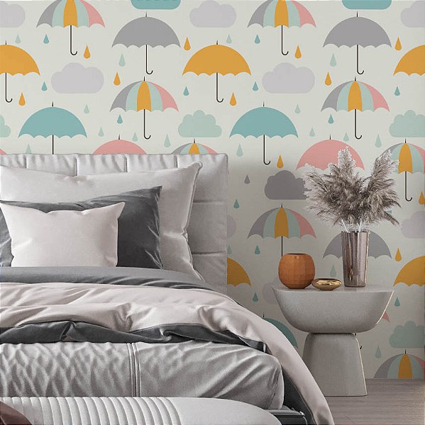 Papel de Parede Adesivo Vinil Guarda Chuva Nuvem Bege Moderno Quarto Infantil