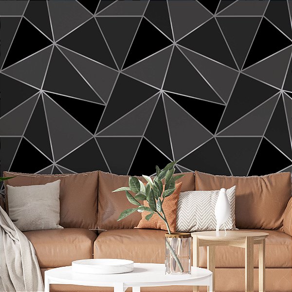 Papel de Parede Autocolante Vinil Zara Cinza Preto e Prata Moderno Triangulos Sala Quarto