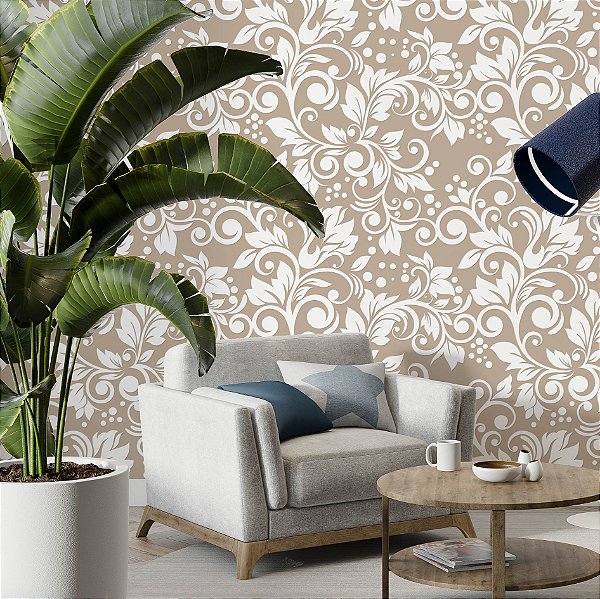 Papel de Parede Adesivo Vinil Provençal Arabesco Branco e Bege Folhas Vintage Sala Quarto Cozinha
