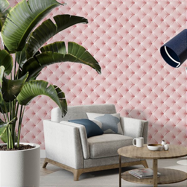 Papel de Parede Adesivo Vinil Efeito Textura Capitonê Botonê Rosa Cabeceira Quarto Menina
