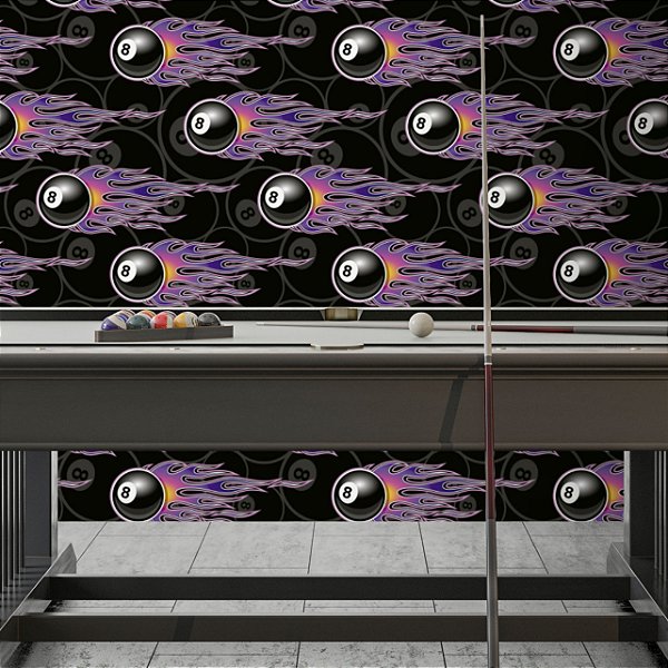Papel de Parede Adesivo Vinil Bar Bolas De Bilhar Fogo Roxo Moderno Salão de Jogos
