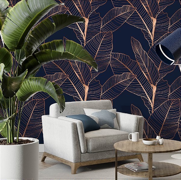 Papel de Parede Adesivo Vinil Palmeiras Azul Rosê Gold Moderno Sala Quarto