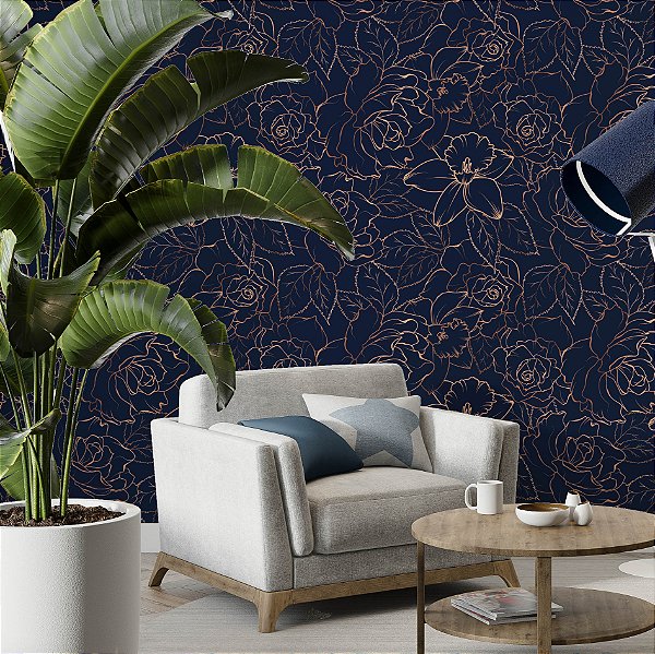 Papel de Parede Adesivo Vinil Peonia Floral Azul E Rose Gold Moderno Sala Quarto Menina