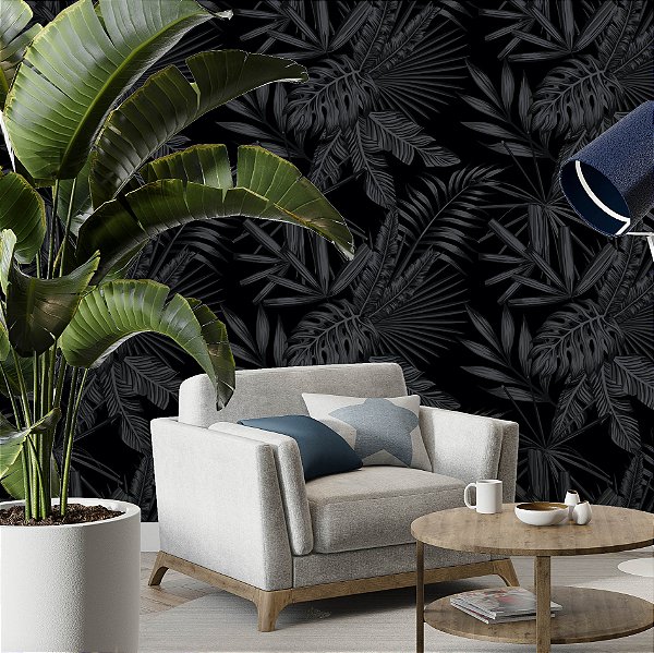 Papel de Parede Adesivo Vinil Folhas Preto Cinza Moderno Efeito 3D Sala Quarto