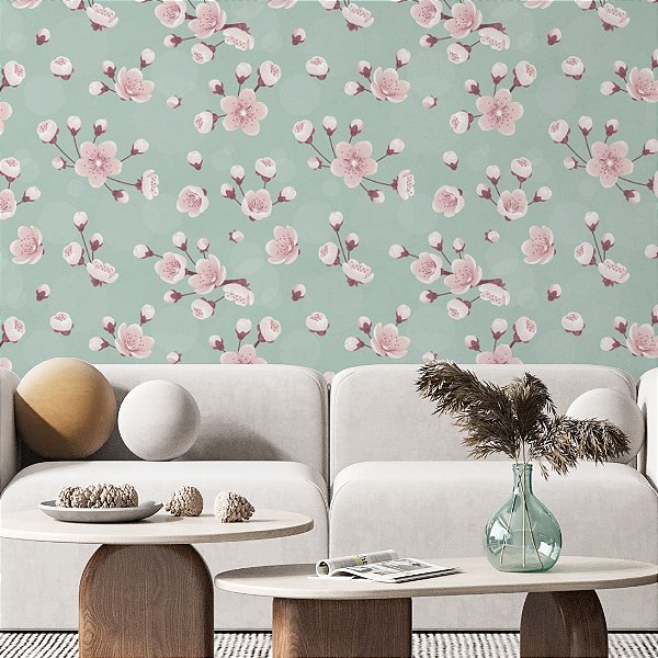 Papel de Parede Adesivo Vinil De Sala Rosa Flor Floral Azul Turquesa Pintura Sala Quarto