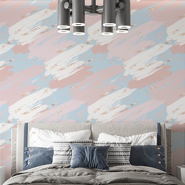 Papel de Parede Adesivo Vinil Tinta Rosa Azul Pincel Gold Pintura Quarto Menina