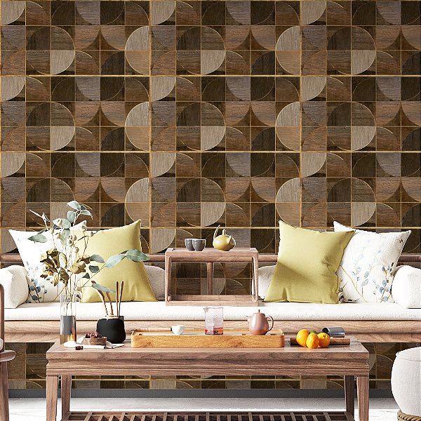 Papel de Parede Adesivo Vinil Abstrato Círculos Madeira Dourado Moderno Quarto Cozinha Sala