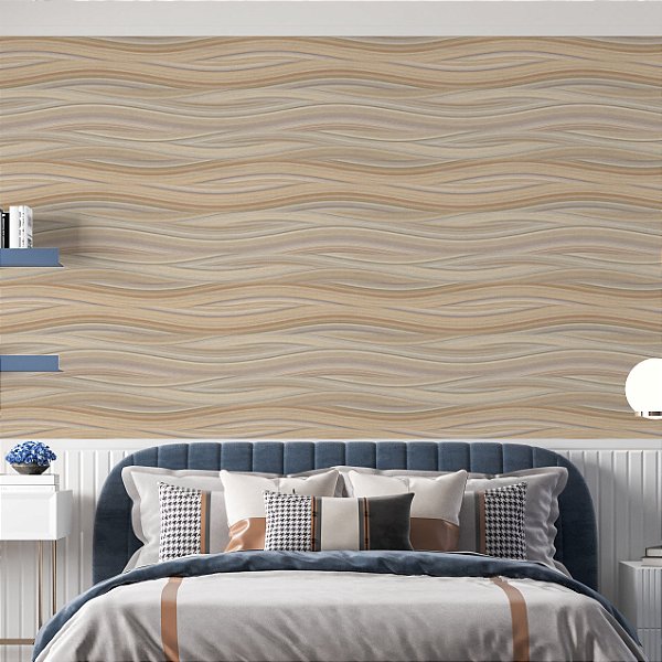 Papel de Parede Adesivo Vinil Ondas Bege Azul Marrom Tapeçaria Cozinha Sala Quarto