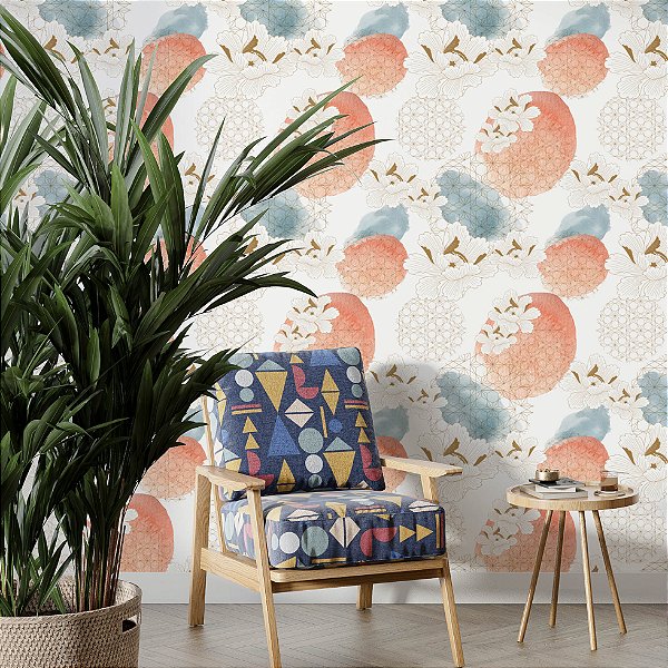 Papel de Parede Adesivo Vinil Flor Oriental Pintura Aquarela Geométrico Moderno Quarto