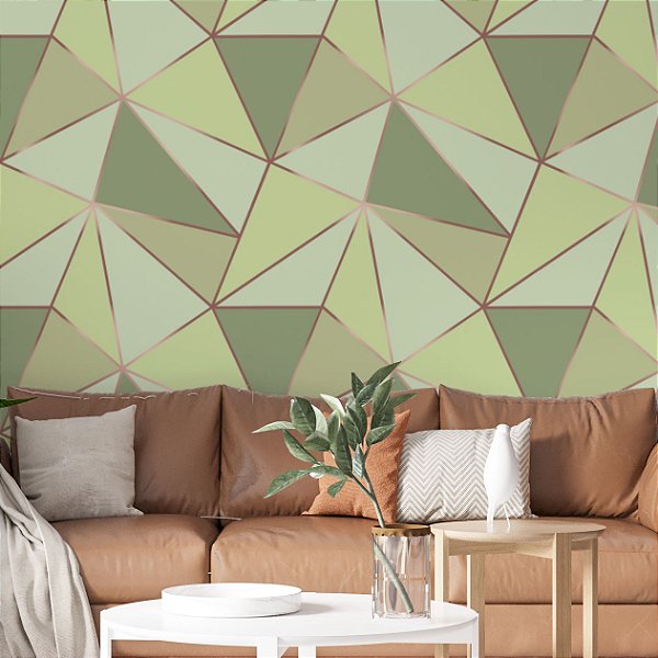 Papel de Parede Adesivo Vinil Triangulos Zara Tons Verde Rosê Geométrico Linhas Quarto Sala