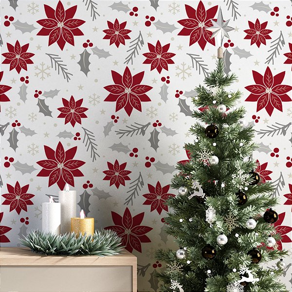 Papel de Parede Adesivo Vinil Natal Natalino Flores Floco de Neve Sazonal Sala