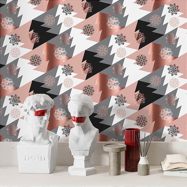 Papel de Parede Adesivo Vinil Pinheiro Arvore Natalina Natal Rose Gold Cinza Abstrato Elegante Sala