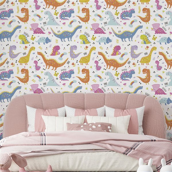 Papel de Parede Adesivo Vinil Dinossauros Colorido Desenho Fofo Quarto Infantil Bebe
