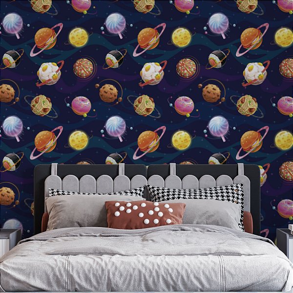 Papel de Parede Adesivo Vinil Planeta Comidas Cookie Cometa Azul Surreal Moderno Quarto Infantil