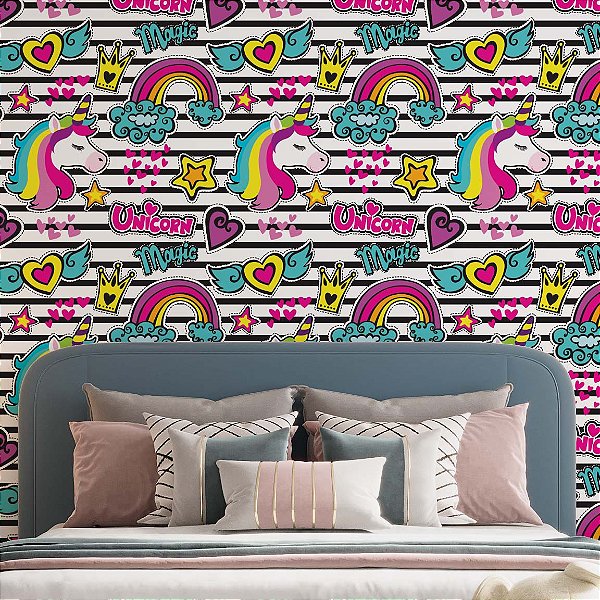Papel de Parede Adesivo Vinil Patches Unicórnio Listras Rosa Teen Color Quarto Menina