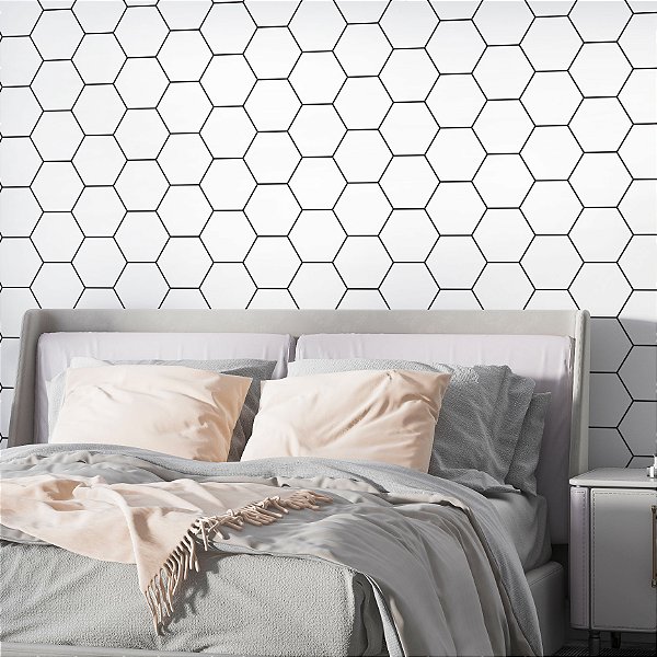 Papel de Parede Adesivo Vinil Hexágono Colmeia Linha Branco e Preto Sala Quarto