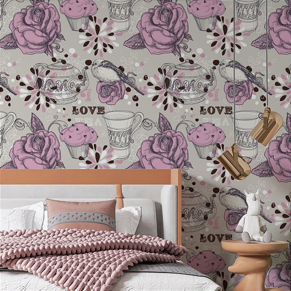 Papel de Parede Adesivo Vinil Bule Love Doce Rosa Andorinha Vintage Fofo Quarto Sala