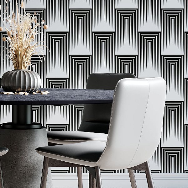Papel de Parede Adesivo Vinil Linhas Retângulo Preto Abstrato Cozinha Quarto Sala