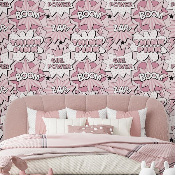 Papel de Parede Adesivo Vinil Balões Comics Pop Art Rosa Moderno Quarto Menina