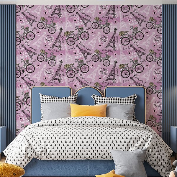 Papel de Parede Adesivo Vinil Teen Torres Eiffel Bike Roxo Flores Vintage Quarto Menina