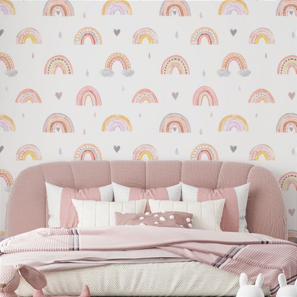 Papel de Parede Adesivo Vinil Arco Iris Rosa Coração Pintura Aquarela Quarto Infantil
