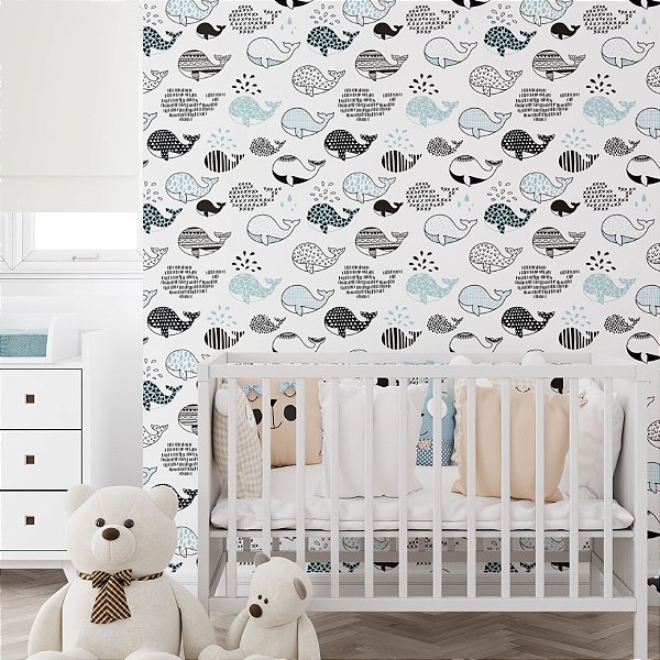 Papel de Parede Adesivo Vinil Menino Baleia Azul Desenho Linhas Quarto Infantil Menino