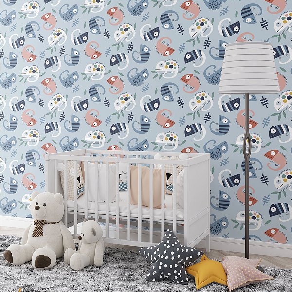 Papel de Parede Adesivo Vinil Camaleão Colorido Azul Desenho Fofo Quarto Infantil Menino