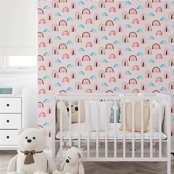 Papel de Parede Adesivo Vinil Arco Iris Rosa Azul Pintura Aquarela Quarto Infantil Menina