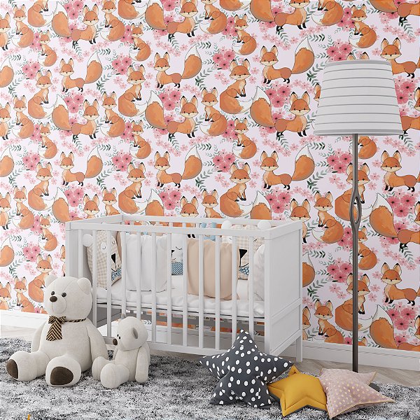 Papel de Parede Adesivo Vinil Raposas Flores Rosa Fofo Fox Pintura Quarto Infantil Menina