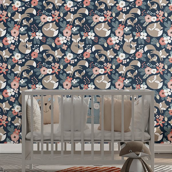 Papel de Parede Adesivo Vinil Raposa Mãe Bebê Floral Marrom Desenho Quarto Infantil Bebe
