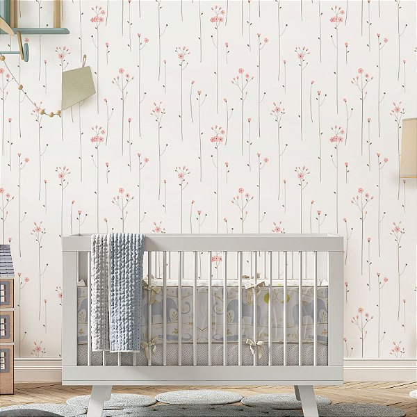 Papel de Parede Adesivo Vinil Flores Rosa Galho Fino Moderno Linhas Quarto Sala Menina