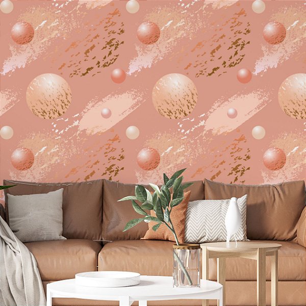 Papel de Parede Adesivo Vinil Esfera Gold Rosê Bolas Efeito 3D Pintura Moderno Sala Quarto