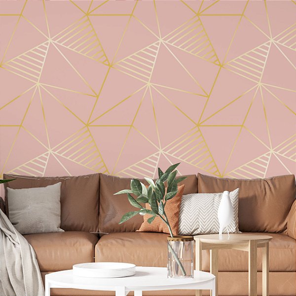 Papel de Parede Adesivo Vinil Zara Gold Rosa Listra Triangulos Dourado Quarto Sala